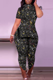 Casual Print Patchwork Asymmetrical O Neck Plus Size Two Pieces