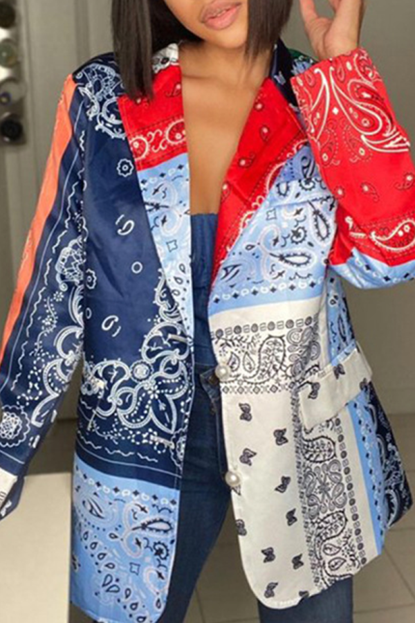 Casual Print Patchwork Turndown Collar Outerwear