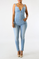 Casual Solid Patchwork Spaghetti Strap Skinny Jumpsuits