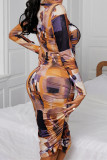 Fashion Sexy Print Fold Turtleneck Long Sleeve Dresses