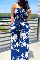 Casual Print Patchwork Frenulum Strapless Straight Jumpsuits