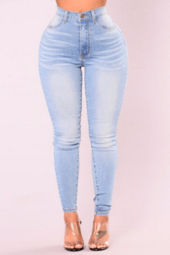 Casual Solid Patchwork Mid Waist Skinny Denim Jeans