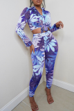 Sexy Print Bandage Turndown Collar Long Sleeve Two Pieces