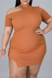 Sexy Casual Plus Size Solid Hollowed Out Slit O Neck Short Sleeve Dress