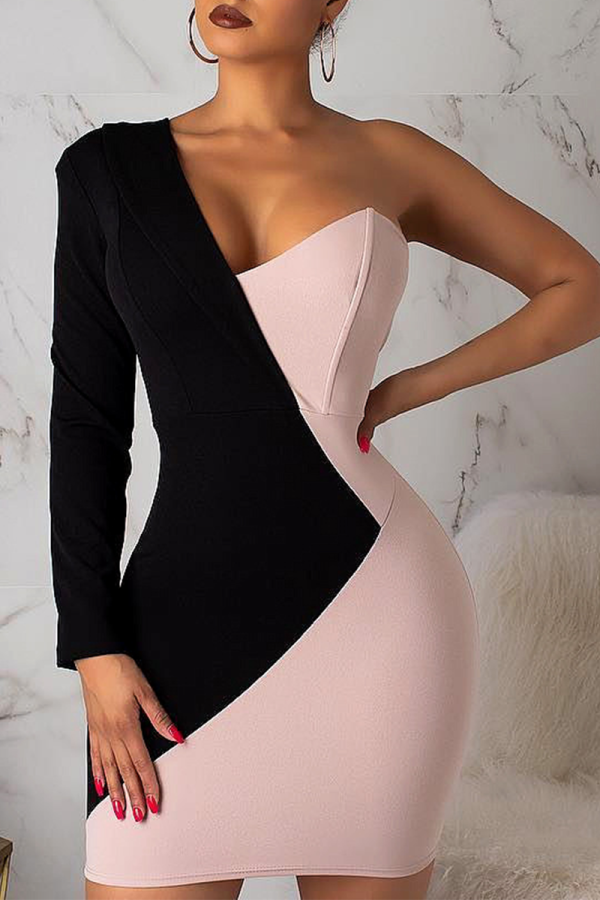 Sexy Solid Patchwork One Shoulder Pencil Skirt Dresses