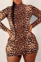 Sexy Leopard Patchwork Half A Turtleneck Pencil Skirt Plus Size Dresses