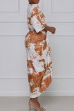 Elegant Print Tie Dye Patchwork Fold Asymmetrical V Neck Straight Dresses