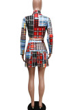 Casual Plaid Print Patchwork Zipper Collar Long Sleeve Two Pieces