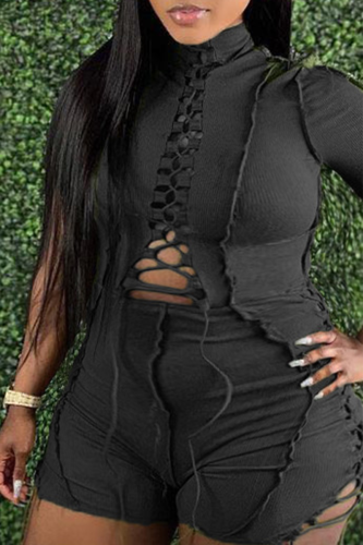 Sexy Solid Hollowed Out Half A Turtleneck Plus Size Jumpsuits