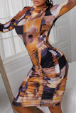 Fashion Sexy Print Fold Turtleneck Long Sleeve Dresses