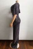 Elegant Solid Sequins Patchwork Hot Drill V Neck Evening Dress Dresses