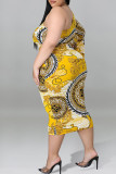 Fashion Sexy Plus Size Print Hollowed Out Backless Oblique Collar Long Sleeve Dresses