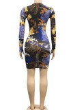 Sexy Print Bandage Hollowed Out Patchwork O Neck Pencil Skirt Dresses
