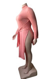 Fashion Casual Solid Slit Turtleneck Long Sleeve Plus Size Dresses