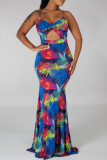 Sexy Print Hollowed Out Spaghetti Strap Trumpet Mermaid Dresses