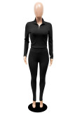 Fashion Casual Solid Basic Zipper Collar Long Sleeve Two Pieces