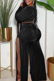 Fashion Casual Solid Slit V Neck Long Sleeve Two Pieces