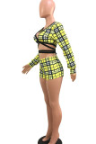 Sexy Plaid Print Bandage Patchwork V Neck Long Sleeve Two Pieces