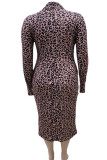 Sexy Print Leopard Patchwork Without Belt O Neck One Step Skirt Plus Size Dresses(Without Belt)