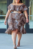 Fashion Plus Size Print Leopard Patchwork Without Belt O Neck Short Sleeve Dress