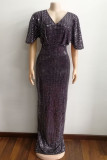 Elegant Solid Sequins Patchwork Hot Drill V Neck Evening Dress Dresses
