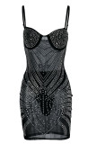 Sexy Patchwork Hot Drilling See-through Backless Spaghetti Strap Sleeveless Dress