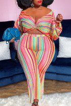 Sexy Striped Print Patchwork V Neck Plus Size Two Pieces