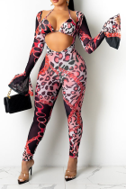 Sexy Print Patchwork Halter Long Sleeve Two Pieces