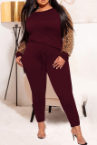 Casual Leopard Patchwork O Neck Plus Size Two Pieces