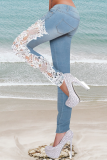 Casual Solid Lace Mid Waist Skinny Denim Jeans