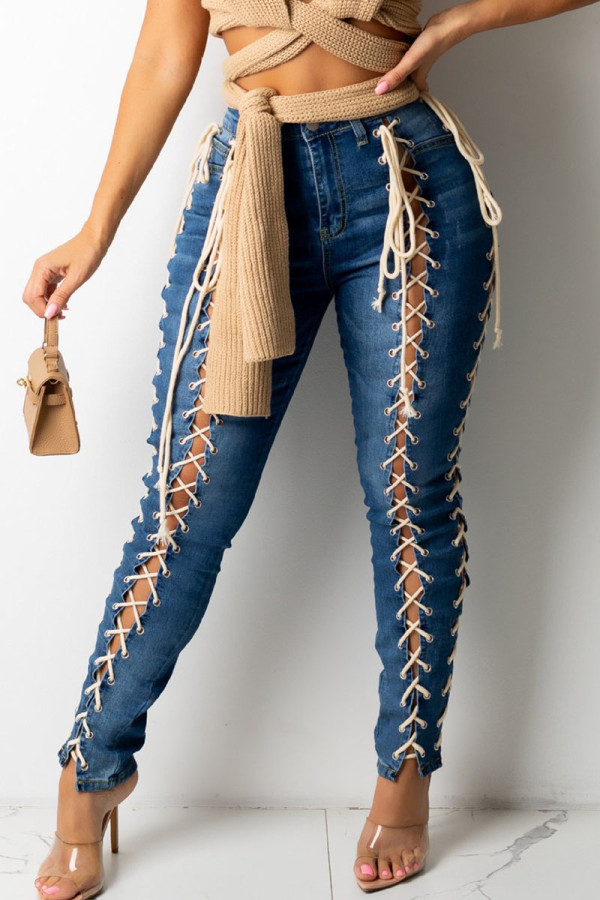 Sexy Solid Hollowed Out Patchwork Frenulum High Waist Skinny Denim Jeans