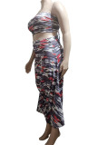 Sexy Print Bandage Patchwork Strapless Plus Size Two Pieces
