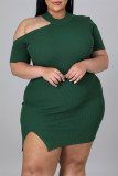Sexy Casual Plus Size Solid Hollowed Out Slit O Neck Short Sleeve Dress