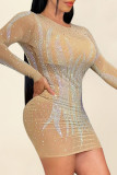 Sexy Hot Drilling Patchwork See-through O Neck Long Sleeve Dresses