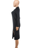 Fashion Casual Solid Slit Turndown Collar Long Sleeve Dresses