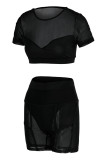 Sexy Solid Patchwork See-through O Neck Short Sleeve Two Pieces