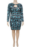 Sexy Print Hollowed Out Patchwork O Neck Pencil Skirt Plus Size Dresses