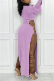 Sexy Casual Solid Hollowed Out Slit O Neck Long Sleeve Dresses