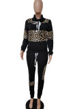 Casual Print Leopard Patchwork Turtleneck Long Sleeve Two Pieces