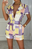 Casual Geometric Print Patchwork Turn-back Collar Straight Rompers