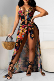 Sexy Print Hollowed Out Spaghetti Strap Sleeveless Two Pieces