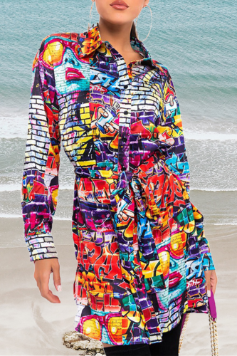 Casual Print Split Joint Turndown Collar Tops