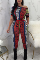 Street Print Patchwork O Neck Straight Jumpsuits