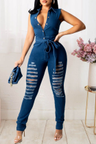 Sexy Solid Patchwork Turndown Collar Skinny Jumpsuits