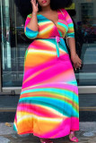 Casual Print Bandage Patchwork V Neck Straight Plus Size Dresses