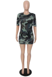 Sexy Camouflage Print Ripped O Neck Pencil Skirt Dresses