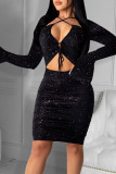 Sexy Solid Hollowed Out Patchwork Frenulum Sequins Asymmetrical Collar Pencil Skirt Dresses