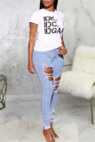 Fashion Casual Solid Ripped Patchwork High Waist Skinny Denim Jeans