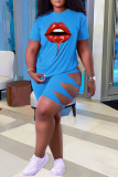 Fashion Casual Lips Printed Ripped Hollowed Out O Neck Plus Size Two Pieces