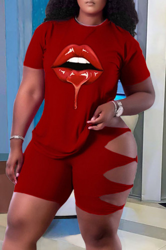 Fashion Casual Lips Printed Ripped Hollowed Out O Neck Plus Size Two Pieces